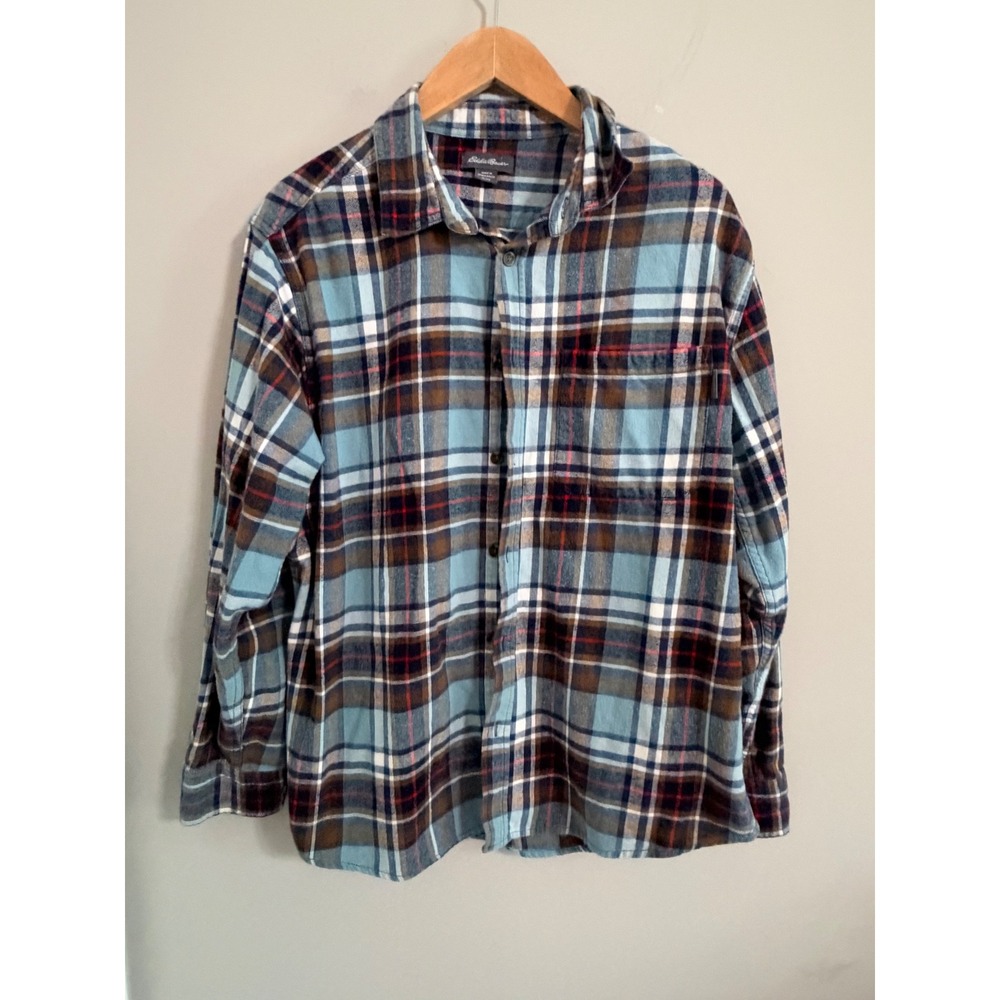 Eddie Bauer Flannel Shirt Mens XL Blue Brown Plaid Long Sleeve Button Down